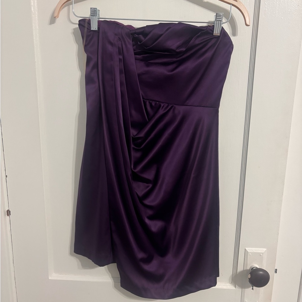 Vintage, 2000s, royal purple, mini dress, asymmetrical, strapless,
